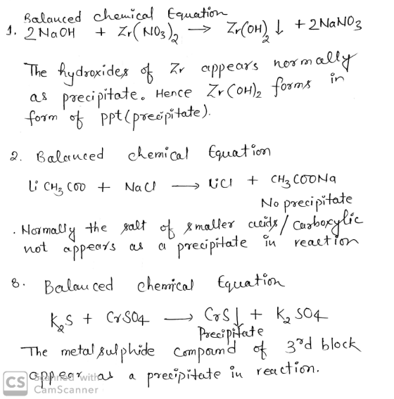 Balanced chemical Equation 1. 2NaOH + Zr( N103), → Zr(oh) + 2NaNO3 The hydroxides of Zr appears normally as precipitate. Henc