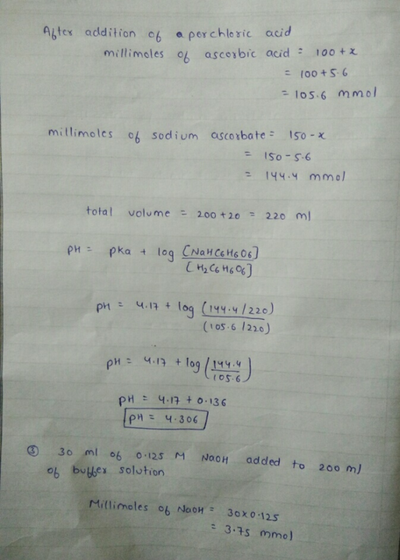 Abtex addition of a perchloric acid millimoles of ascorbic acid : 100 + x = 100+5.6 = 105.6 mmol millimoles of sodium ascorba
