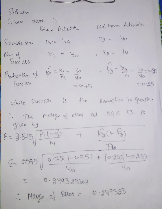 Solution Given data is Given Antibiotic Not Given Antibiotic Samble size yo ng 40 ma Nord Xi 30 Xa= lo Success Xg Proportion