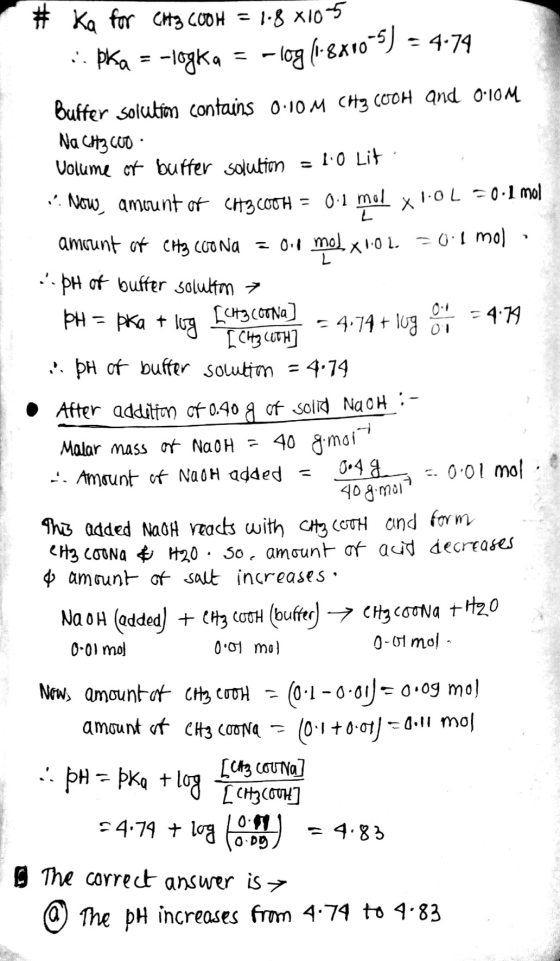 # Ka for CH3COOH = 1.8 x10-5 .. bka = -logka = -log (1-8810-5) = 4.74 Buffer solution contains 0.10 M CH3 COOH and 0-10M Na (