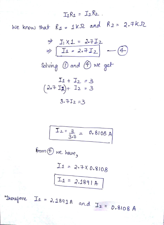 Il R1 = Iz Rz. We know that RA = 1k2 and R2= 207 kr → IL x1 = 207 12 » Il > 20712) - © solving 0 and 6 we get I1 + I2 - 3 (20
