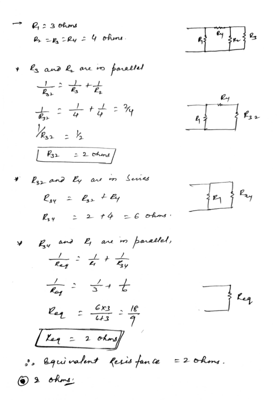 R = 3 ohms Rs =Ą -Ry 4 ohins. Ry R 3R + parallel 1 1 Re Rg and R are in Bě + Rz es VR Y Ry + 24 4 41 R32 12 R32 - 2 ohins R32