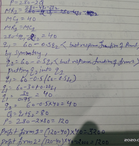IP=280- 20 MR = 280 42 280 42 MC 240 M Rg =MC 28042 -9 240 2 = 60 - 0.5% < best respons Function of sound, by symmtery q2 = 6
