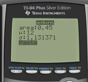 TI-84 Plus Silver Edition TEXAS INSTRUMENTS invhorM area:0.45 : 12 g: 1.131371 Paste STAT PLOT F1 TBLSET F2 FORMAT F3 CALC F4