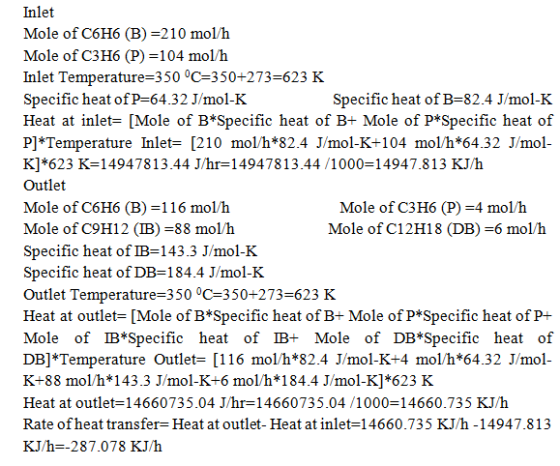 Inlet Mole of C6H6 (B) =210 mol/h Mole of C3H6 (P)=104 mol/h Inlet Temperature=350 °C=350+273=623 K Specific heat of P=64.32