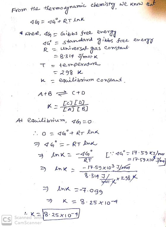 From the thermodynamic chemistry we know that AG=AG+RI ink a where, AG = Gibbs free energy AG = standard gibbs free energy R