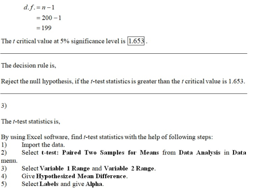 d.f.=n-1 = 200 -1 = 199 The t critical value at 5% significance level is 1.653 . The decision rule is, Reject the null hypoth
