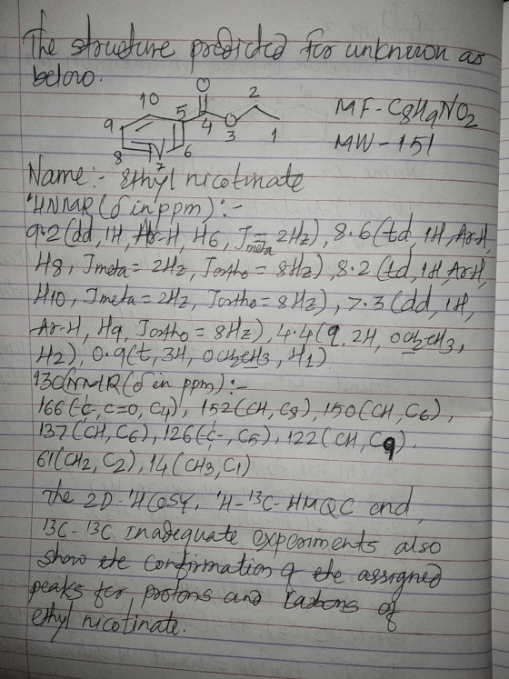 V6 The stouture pozded fro unknoon as below to i 2 MF-collano G193 1 mW-151 Name: ethyl nicotmate UN NR inppm) e- 9.2 (dd in