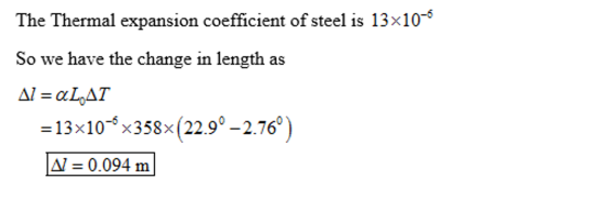 The Thermal expansion coefficient of steel is 13x105 So we have the change in length as 13x10-6x358x (22.90-2.76。 IN-0.094 m