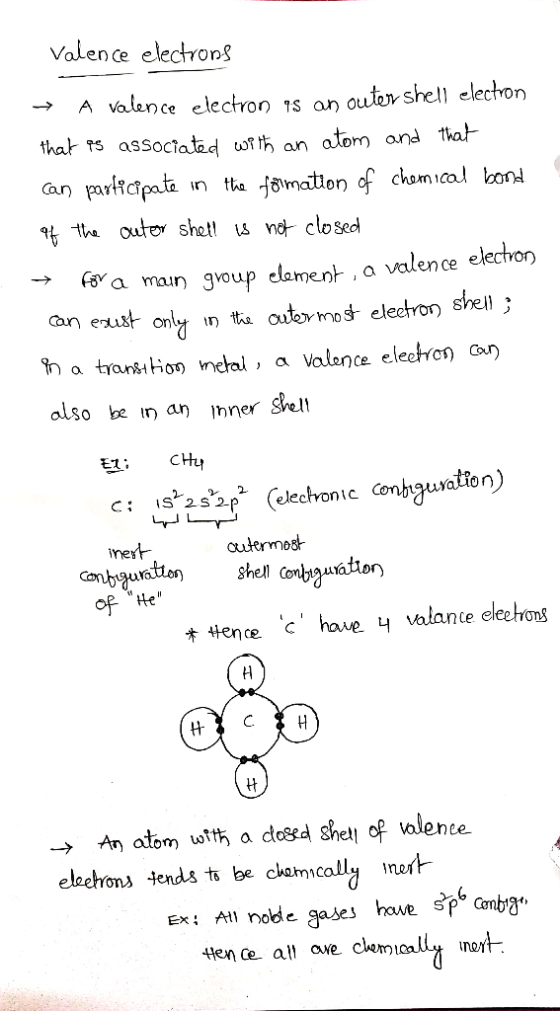 Valence electrons → A valence electron is an outer shell electron that es associated with an atom and that can participate in