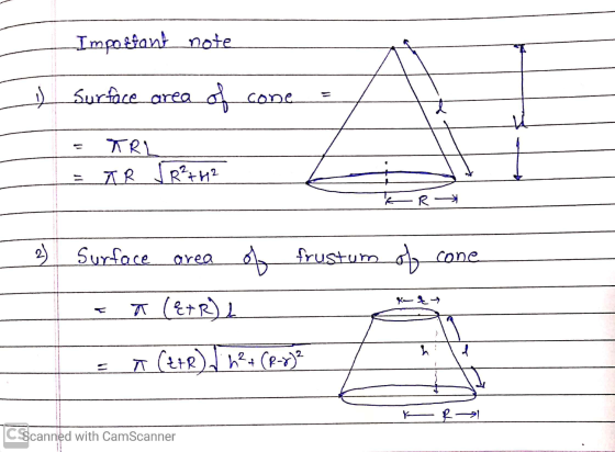 Important note 1) Surface area of cone TRL AR √ R²242 RR- 2 ) Surface area olo frustum ob cone Ka dy a (&+R) L h to à Ce+R) /