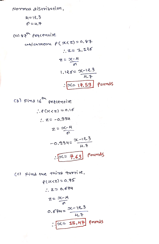 Normal distribution, 4=12.3 0=4.7 (11 87th percentile which meam P(OK Z) =0.87 1.2= 1.120 25-M 1.120 = 3(-12.3 4.7 .PC= 17.59