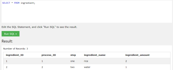 SELECT * FROM ingredient; Edit the SQL Statement, and click Run SQL to see the result. Run SQL >> Result: Number of Records