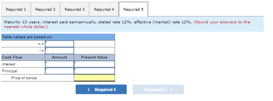 Required 1 Required 2 Required 3 Required 4 Required 5 Maturity 10 years, interest paid semiannually, stated rate 12%, effect