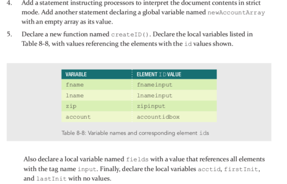 4. Add a statement instructing processors to interpret the document contents in strict mode. Add another statement declaring