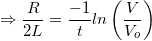 \small \Rightarrow \frac{R}{2L}=\frac{-1}{t}ln\left ( \frac{V}{V_{o}} \right )