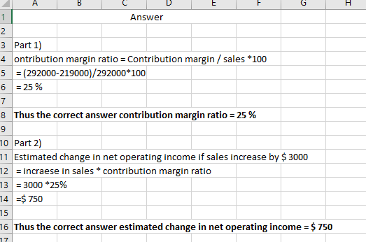 А Answer 3 Part 1) 4 ontribution margin ratio = Contribution margin / sales *100 5 = (292000-219000)/292000*100 6 = 25 % 8 Th