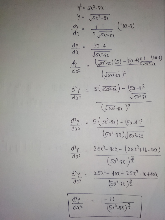 %= 5x²_8x y = 15x2-8X dy: 1 du 255x²8x (10x-) dy da 51-4 √5x28x dý (1532-8x) (5) – (5x4)*1 (106-8) 21572-81 d x² d²y ex2 day