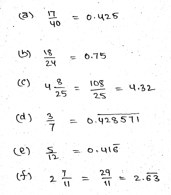 (a) 17 40 0.425. 18 %D 6.75 24 (C) 8 4 108 = 4.32 25 25 (d) 3 6.428511 الح (e) 돔 0.416 (6) T 29 - -- - 2.63 N