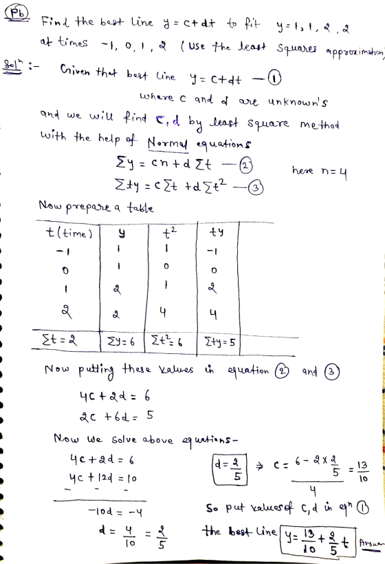 Pb) Find the best line y= ct at to fit y=1,1,2,2 at times -10, ( use the least squares approximation Sol :- Criven that best