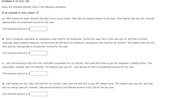 Problem 4-33 (LO. 10) Apply the imputed interest rules in the following situations. If an amount is zero, enter 0. a. Mike