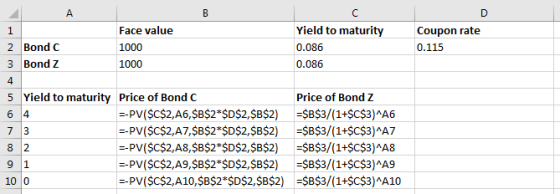 A 1 2 Bond C 3 Bond z Face value 1000 1000 Yield to maturity 0.086 0.086 Coupon rate 0.115 5 Yield to maturity Price of Bond
