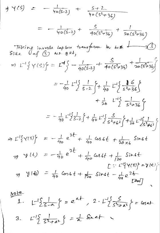 3 YCS) ㅗ 40(S-2) + st2 40(52+36) vocán) + folia) * es 2 ㅏ Taking inverse Laplace transform in both side of ③ we get, {y(s) =