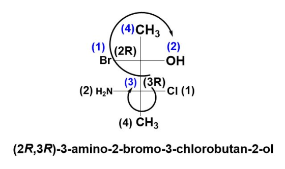(4)CH3 (2) (1)(2R) OH Br (3) (3R) CI (1) (2) H2N- (4) CH3 (2R,3R)-3-amino-2-bromo-3-chlorobutan-2-ol