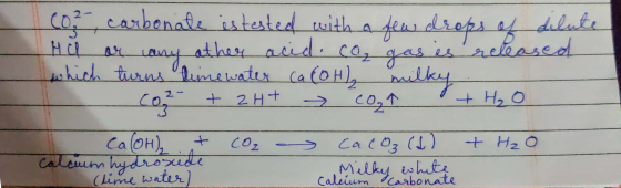 1 Co2 carbonate estested with a few drops of dilute ! He or any other acid.co, gas is released which turns limewater Ca(OH)₂