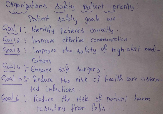 Organizations safety patient prioritys Patient safety goals are Goal 1 Identify patients correctly. Goal 2 - Improve effecti