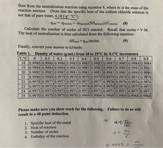 flow from the neutralization reaction using equation 8, where m is the mass of the reaction mixture. (Note that the specific