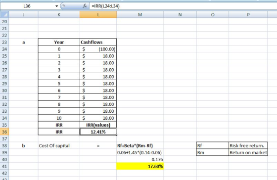 fx =IRR(L24:L34) L36 JK M N O Year 1 Cashflows $ (100.00) $ 18.00 $ 18.00 18.00 18.00 18.00 18.00 18.00 18.00 18.00 18.00 IRR