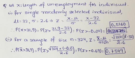 X-ll X-32 2.6 gut x: lengths of unemployment fos indivisual w for single randomly selected indivisual, W=32,5= 2.6 Z- 0,5160