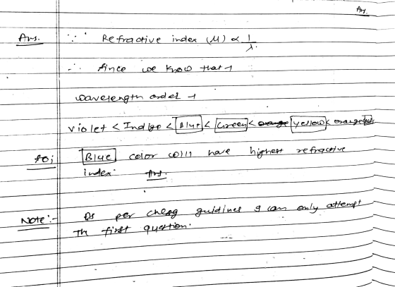 Any. Ars. Refractive index ( ua. t fince coe coe know that t wavelength order t violet < Indigo <Tolurk (Greens aauge (yellow