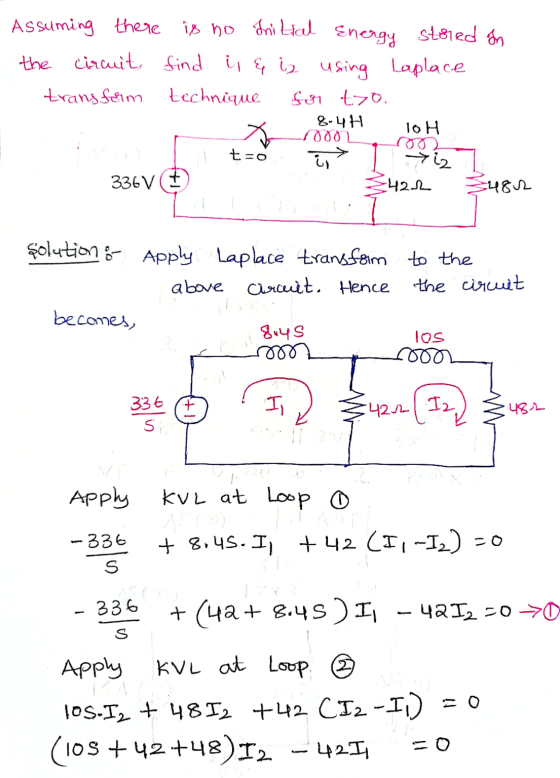 Energy Assuming there is no Initial stored in the circuit, find i, & iz using Laplace transferm technique for too. 8-4H 10H 0