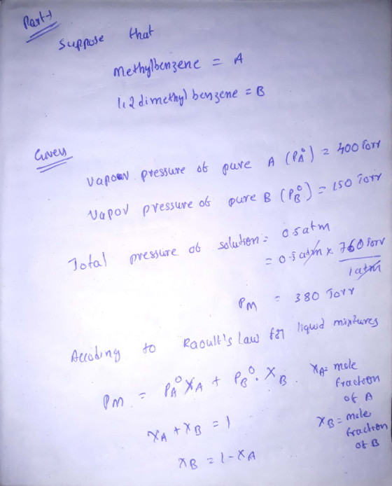 Party that suppose Methylbenzene = A la dimethyl benzene =B Gwen pure A (PÅ ) 2 400 con Vapoor pressure of pure B (P2) = 150