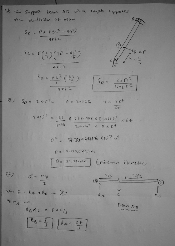 (d) If suppose beam AB as a simple supported than deflection of beam B В So=Pa (34² – 492) 48EL D So- P (3) ( 31-412 F =P 16