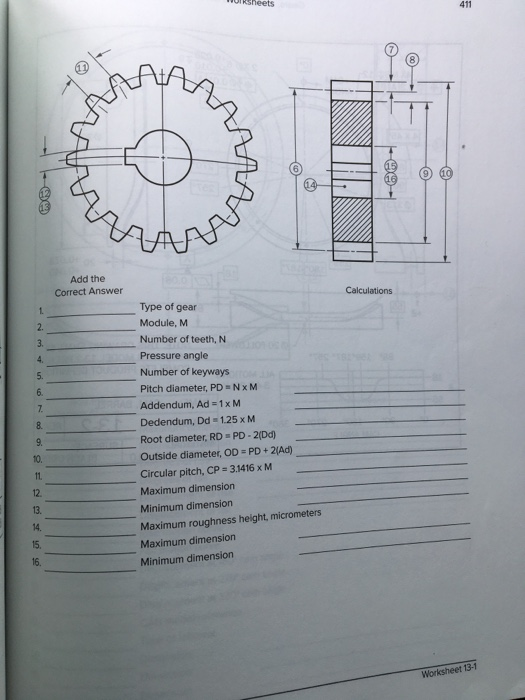 411 n w w Add the Correct Answer Calculations 1 2. 3. 4 5 6. 7 Type of gear Module, M Number of teeth, N Pressure angle Numbe