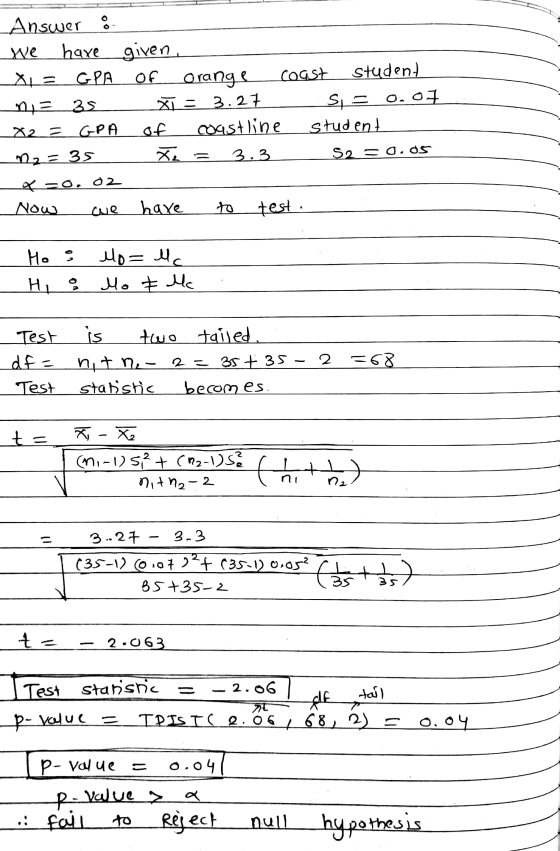 Answer we have given XL = GPA of Orange coast studen) m 35 XL = 3.27 Si= 0,07 X2= GPA of coastline student m2 = 35 Xe 3,3 S2