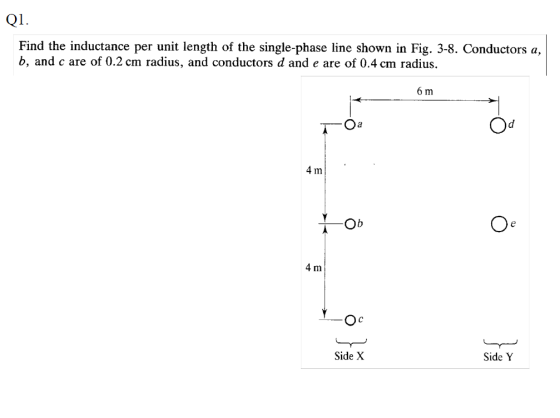 Q1. Find the inductance per unit length of the single-phase line shown in Fig. 3-8. Conductors a, b, and care of 0.2 cm radiu