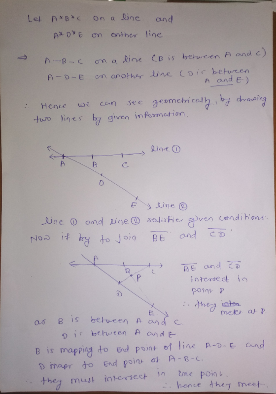 Let A*BC on a line AXO*E on onther and line. - A-B-C A-D-E on a line on another CB is between A and c) line co is between A a
