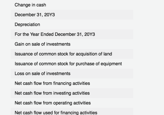 Change in cash December 31, 20Y3 Depreciation For the Year Ended December 31, 20Y3 Gain on sale of investments Issuance of co