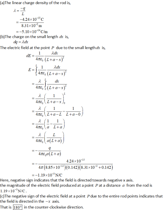 (a)The linear charge density of the rod is, 4.24x10-5c 8.31x10m 5.10x104C/m (b)The charge on the small length dx is, The elec