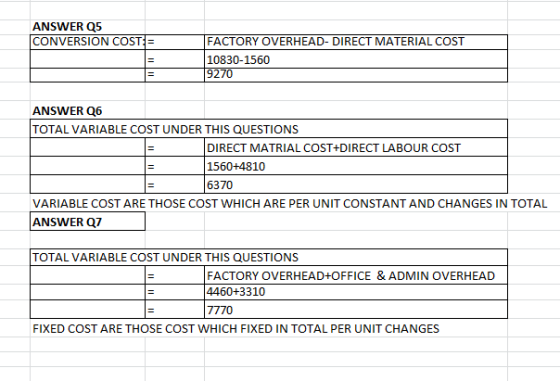 ANSWER Q5 CONVERSION COST:= FACTORY OVERHEAD-DIRECT MATERIAL COST 10830-1560 9270 ANSWER Q6 TOTAL VARIABLE COST UNDER THIS QU