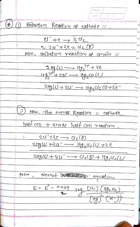 Reductio cathode OW rea atio 2 NOuw eq cathod half cell + anode half cell 2 Cl20 c/ 0 V0 ヒニビーo.o59 cl el