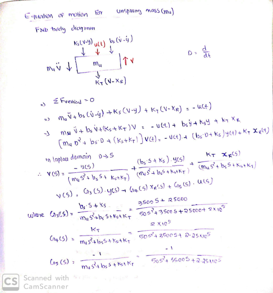 Equation of motion for unsprung mass (mu) Fow body dicigram Ks (V-Y) uct) bs (4-4) mu ürl mu lir KT (V-XR) - Fvertical = 0 ,