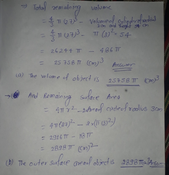- Total remaining volume = 1 / T (273 - Volomead cylindorofradius = 11(27)3- T(3)2 54 = 26,244 T - 486 T = 25 758 IT CMS Answ