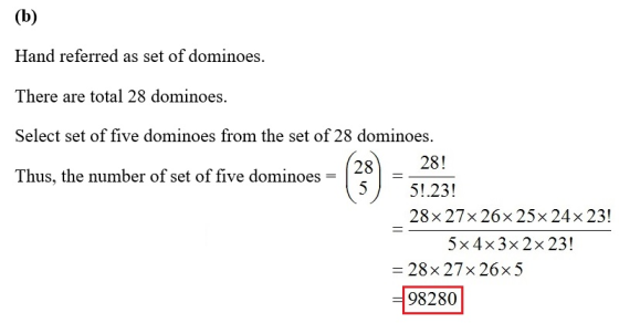 Hand referred as set of dominoes. There are total 28 dominoes. Select set of five dominoes from the set of 28 dominoes. Thus,