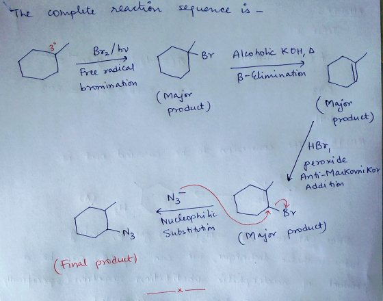 The complete reaction sequence is - 3 Bralbo X Br free radical bromination Alcoholic KOHA ß-Elimination (major (Major product