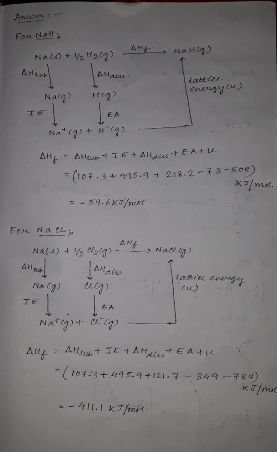 Answer: - For Nahi ДНЕ Nahlg) Nalo) + 1/2 H2 Al sub AH diss. lattice energylu). Nalg) Hig) TE TEA Natcg) + Hcg). - EA- 57 Ats